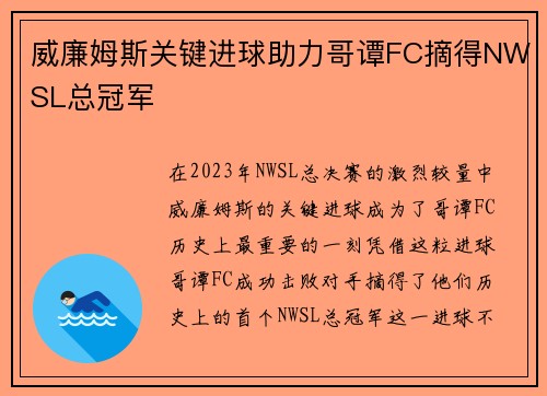 威廉姆斯关键进球助力哥谭FC摘得NWSL总冠军 威廉姆斯关键进球助力哥谭FC摘得NWSL总冠军
