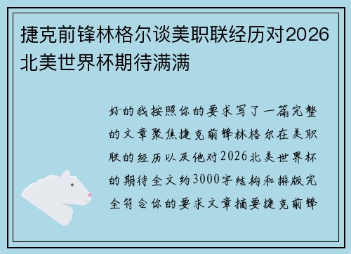 捷克前锋林格尔谈美职联经历对2026北美世界杯期待满满 捷克前锋林格尔谈美职联经历对2026北美世界杯期待满满